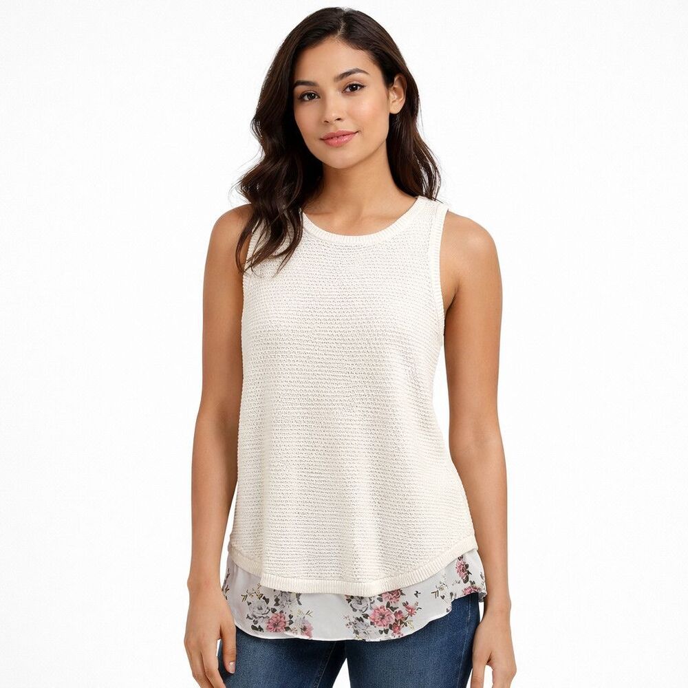 LOFT Tank Top Womens Small White Knit Floral Hem Sleeveless Layered Top